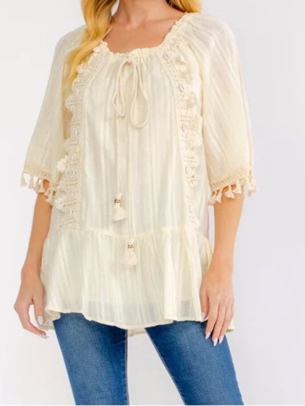 Boho NWT sea shell Tassel Peasant Top - Cream size S-M-L